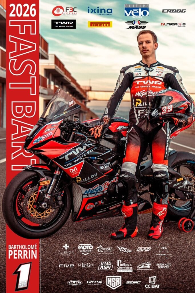 Affiche de sponsoring 2026 de Bartholomé Perrin, pilote moto Supersport n°39, avec les logos de ses partenaires dont Aliénor Gestion